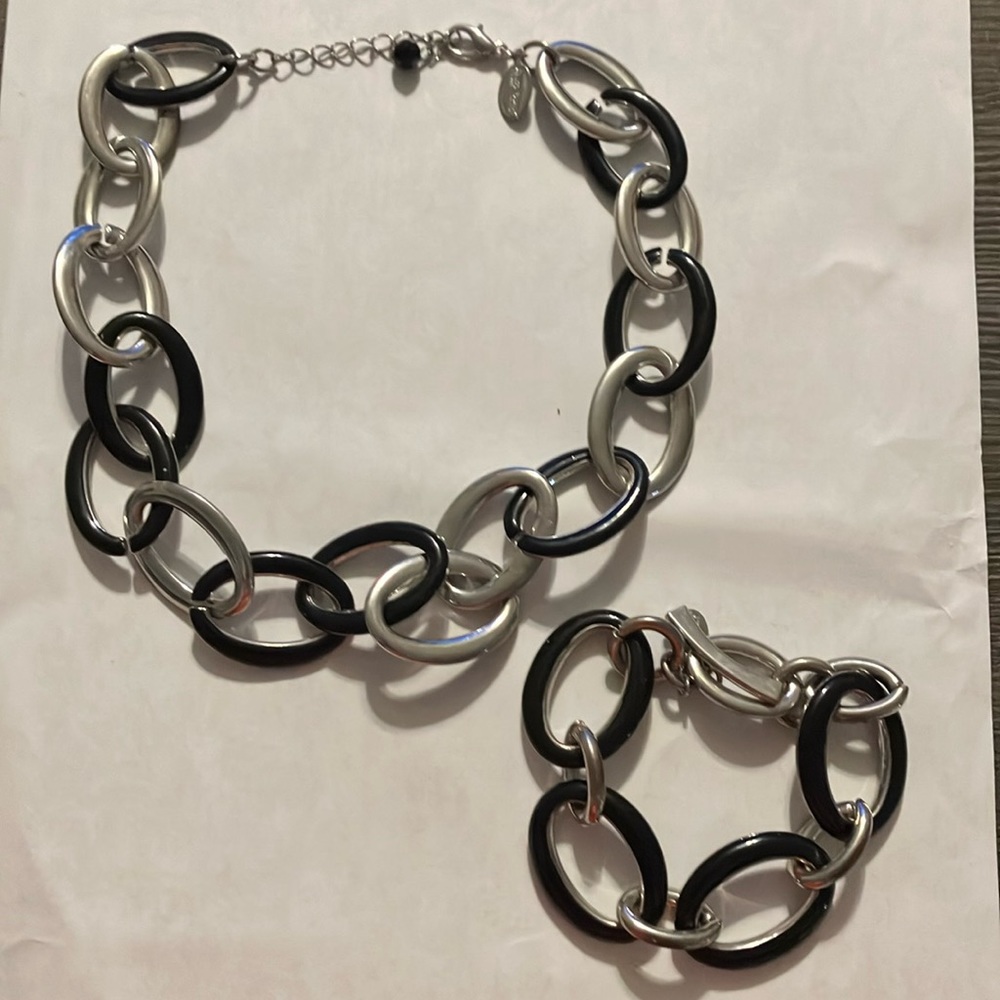 White House Black Market Necklace & Bracelet Silver & Black Enamel Chunky Link
